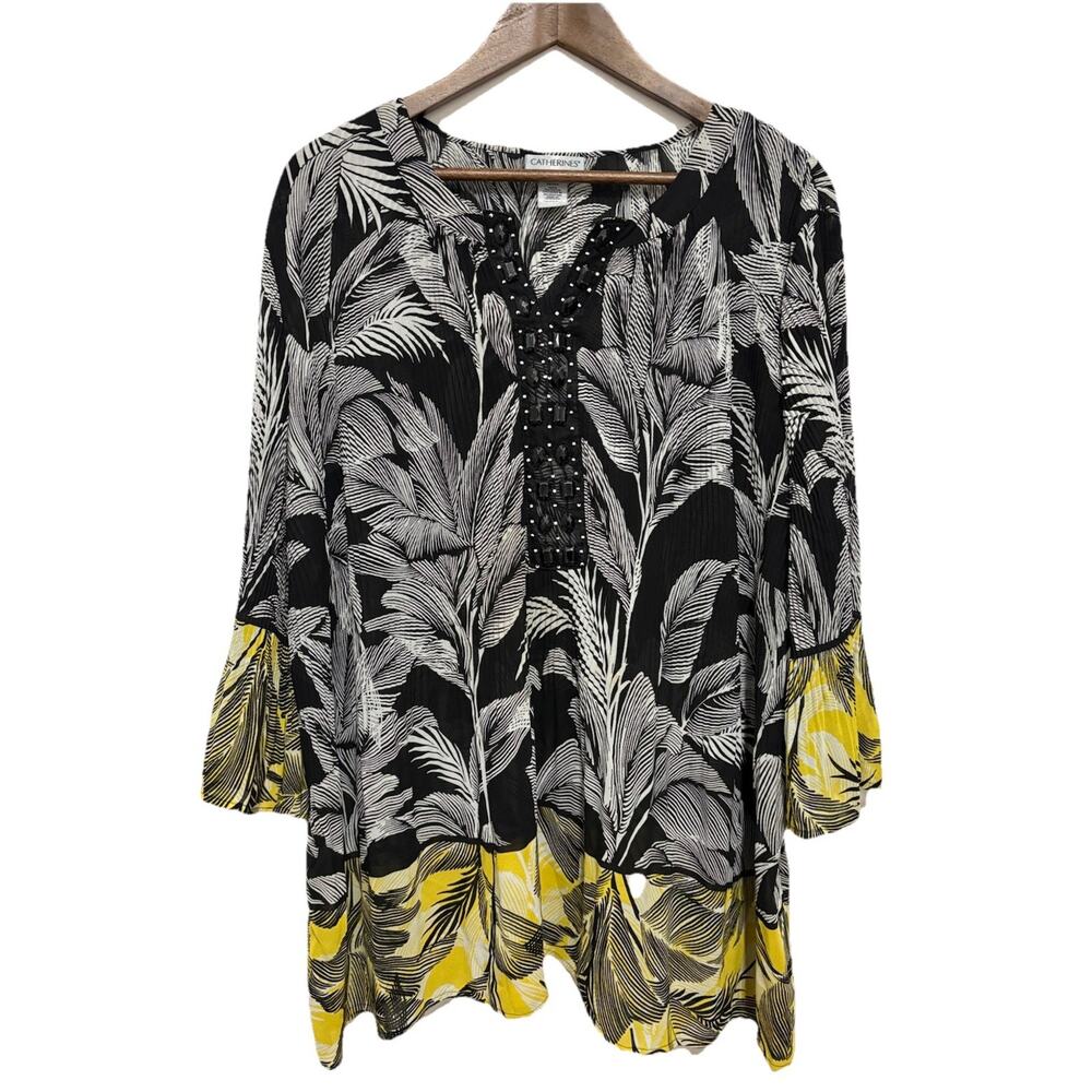 Catherines 2X Tropical Leaf Tunic Top Black White Yellow Embellished Plus Size